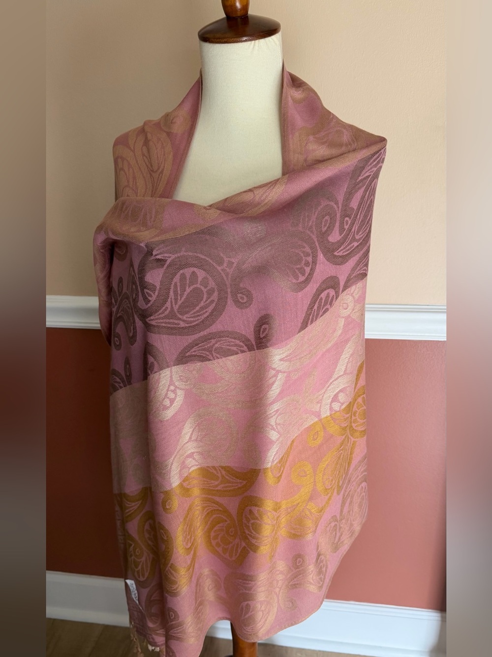 Pure Cashmere Scarf Pink & Gold made in Jerusalem 69x28” Long